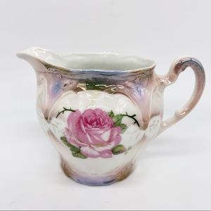 Vintage Lusterware Pink Rose Creamer Porcelain Marked Germany White Blue Green